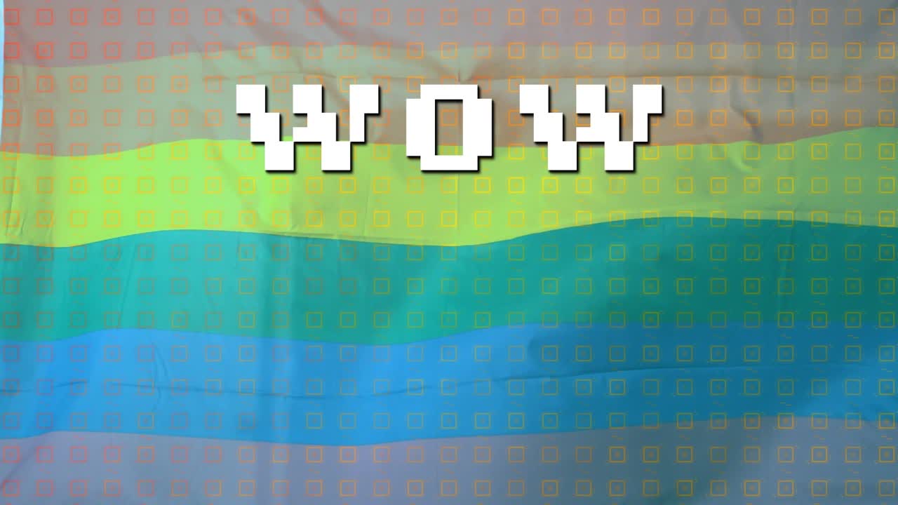 Animaatio sateenkaarilipusta "wow"-tekstin yllä
