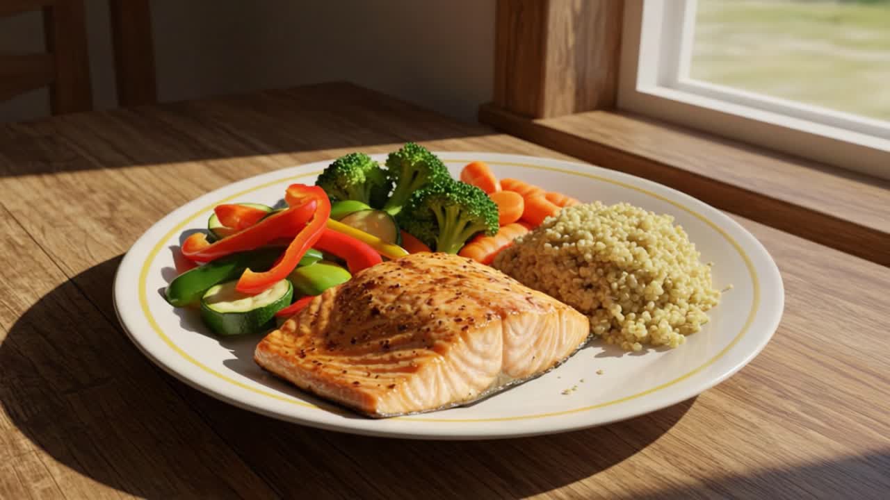 A Healthy and Colorful Plate Featuring Grilled Salmon, Fresh Vegetables, and Quinoa, Showcasing a Balanced Meal Perfect for Nourishing the Body and Mind