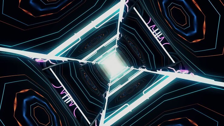 Futuristic Glowing 3d Tunnel with Neon Light Lines Seamless. Beautiful Abstract Tunnel seamless loop
