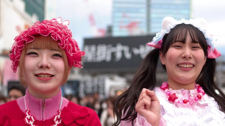 Due giovani donne che indossano abiti in stile Harajuku rosa vivace gridano e ridono a Shibuya.