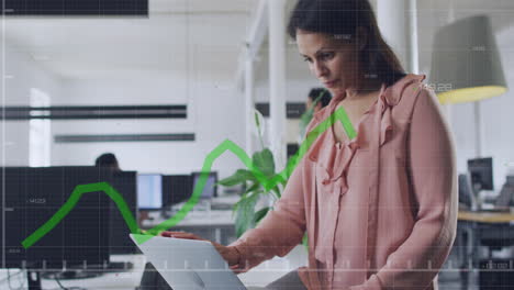 animación de la línea verde y el procesamiento de datos financieros sobre la mujer de negocios caucásica en la oficina.