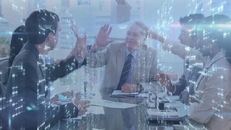 multiple screens with mosaic squares against diverse businesspeople in a meeting at office