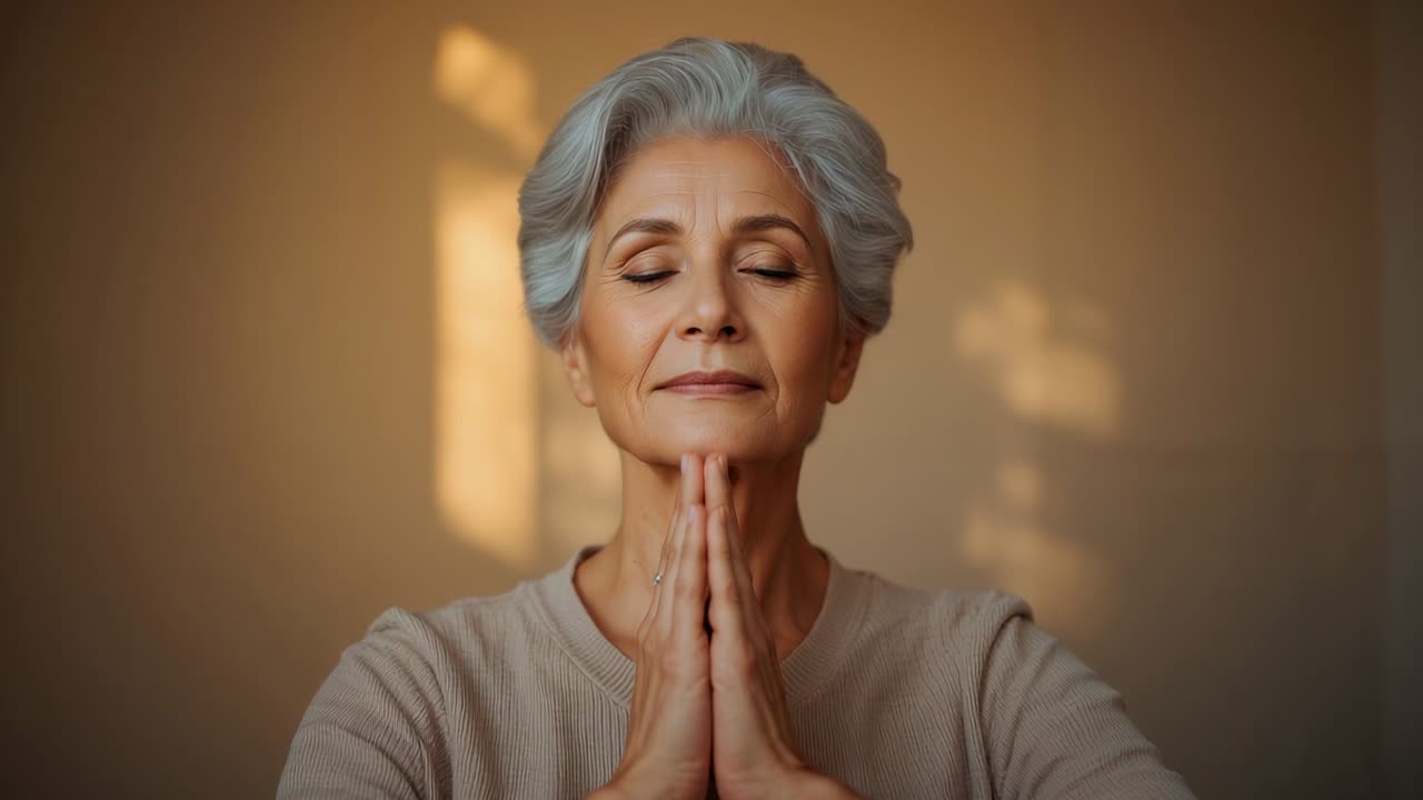 Donna anziana che inizia a meditare in casa con le mani giunte, indossando un maglione beige e godendosi la luce del sole