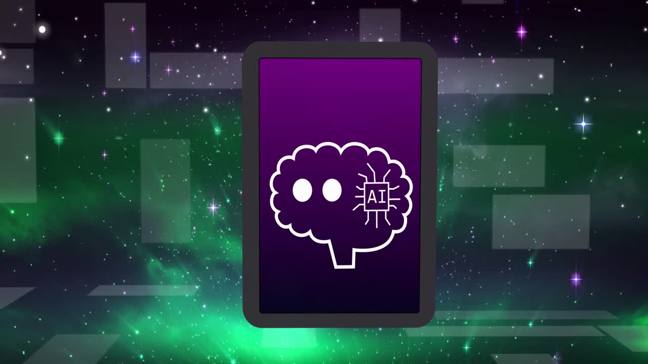 Animation of ai data processing over tablet and dark background