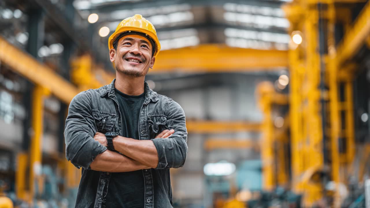 Operaio fiducioso in abbigliamento di sicurezza che sorride in un magazzino industriale, dimostrando spirito di squadra e soddisfazione lavorativa in un moderno ambiente di produzione