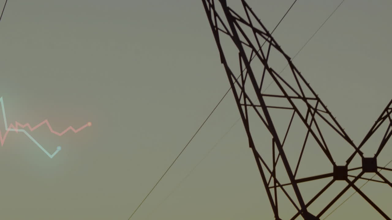 Energy data being shown with pastel charts overlaying transmission tower power lines in flat design