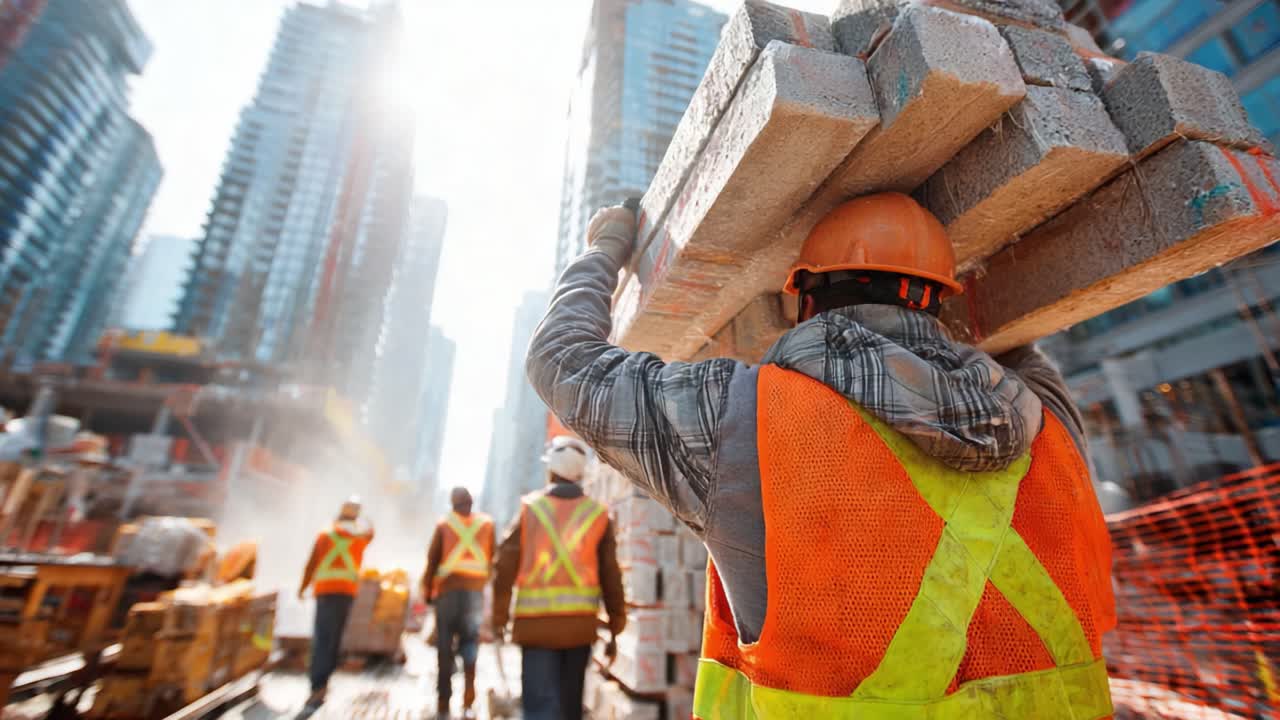 Construction Workers Transporting Heavy Blocks at a High-Rise Development Site Under Bright Sunshine, Showcasing Teamwork and Industry Efficiency