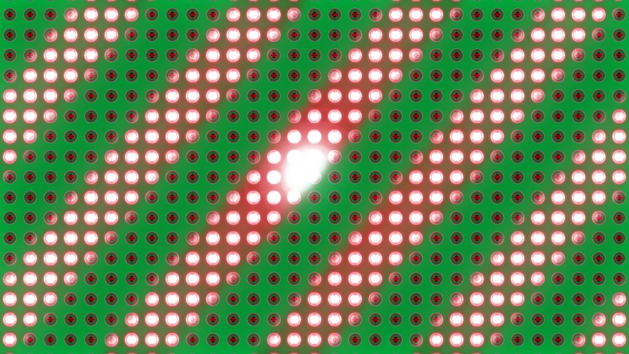 LED grid pulsing as tiny dot appearing growing, shifting diagonal for glow effect on transparent bg