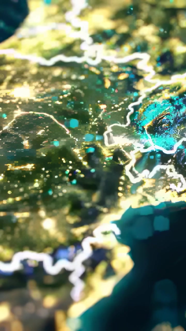 Video verticale: Telecamera che panoramica, rivelando una massa terrestre dorata in una mappa 3D, evidenziando un bordo luminoso.