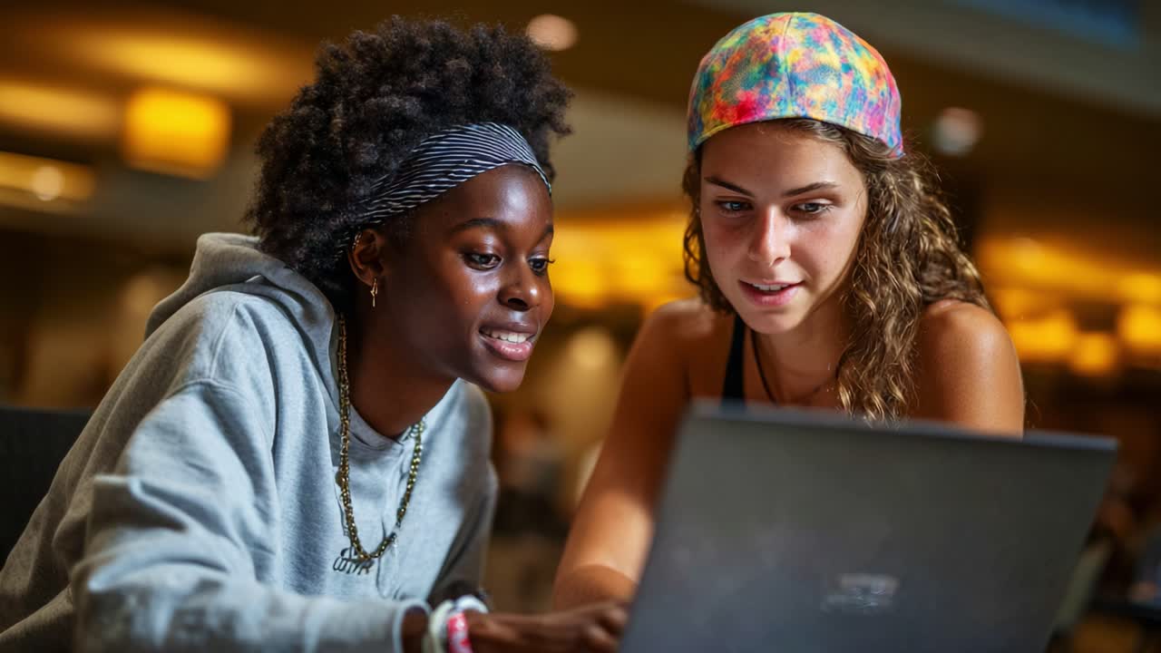 Two young women collaborate intensely over a laptop, showcasing their commitment to learning and teamwork in a vibrant, engaged environment filled with soft lighting