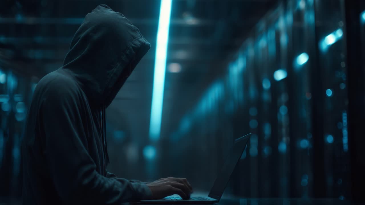 En mystisk hacker i et dæmpet oplyst datacenter beskæftiger sig med hemmelighedsfulde onlineaktiviteter med en bærbar computer, oplyst af et beroligende blåt lys ovenfra