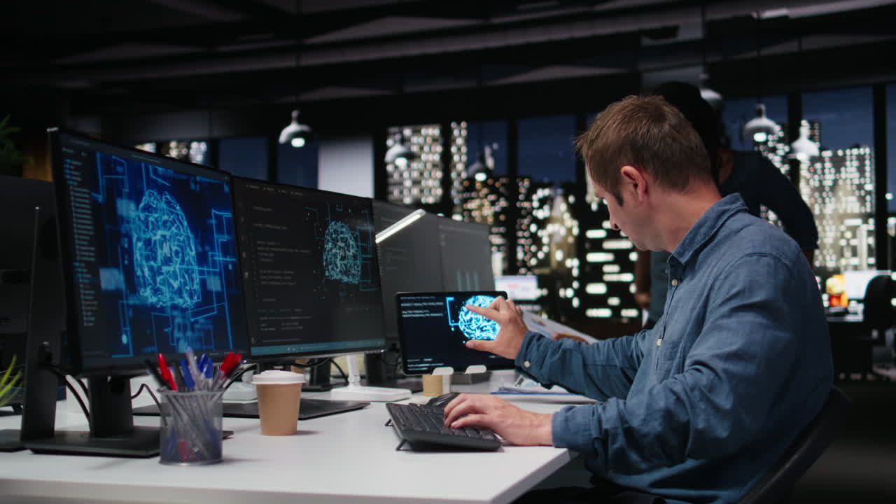 Programmer Working on AI Development in Modern Office at Night