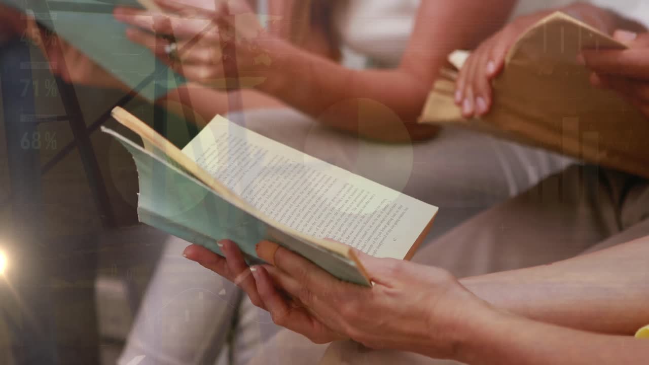 animación de puntos de luz y estadísticas sobre los empresarios caucásicos que leen libros