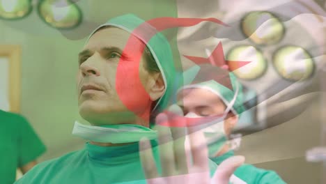 Animation-of-flag-of-algeria-over-caucasian-doctors-with-face-masks