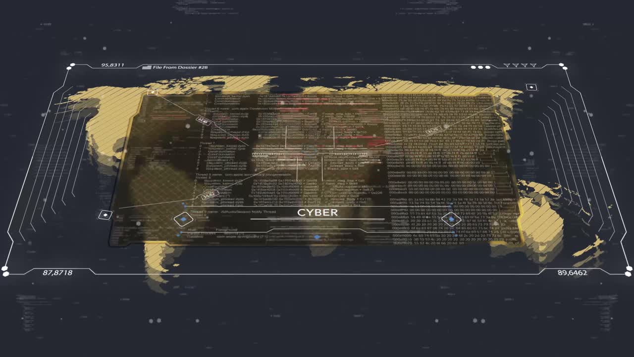 4K 15s 30fps blue and gold HUD intelligence map of Cyber with global locator. Geopolitical risk, security briefing, military analysis and crisis report animation