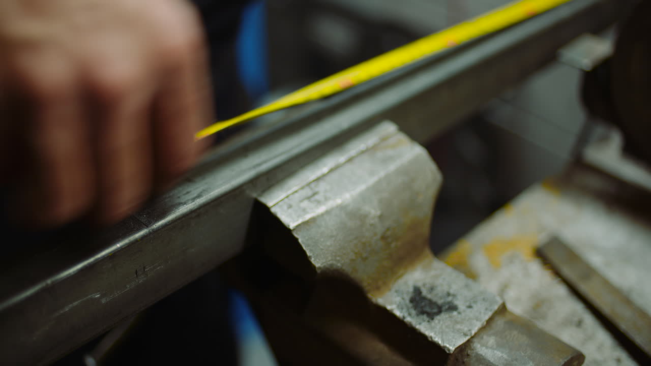 hombre que trabaja en la industria metalúrgica cortando y midiendo piezas metálicas en el taller