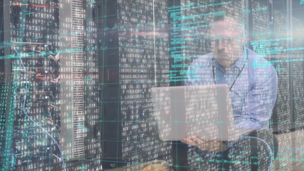 Animation of data processing over caucasian male worker in server room