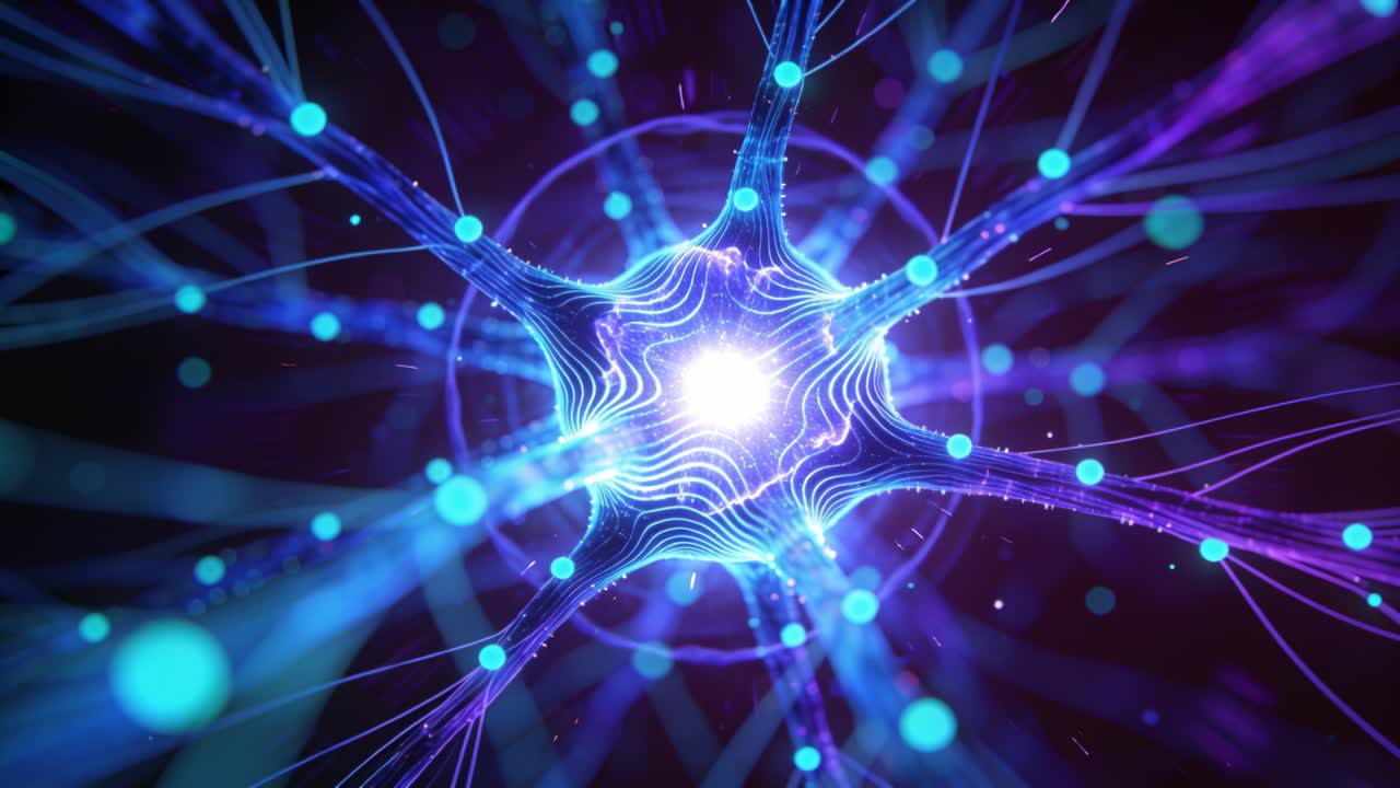 Nucleo stellare che si illumina pulsando ed emettendo filamenti con nodi ciano in un campo a gradiente scuro