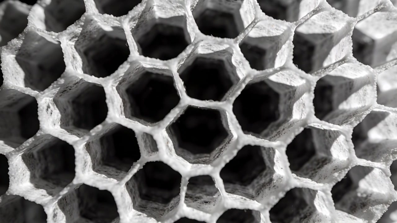 Telecamera che si sposta con micro-movimenti per mantenere centrato un pettine di carta esagonale, primo piano con cavità scure.
