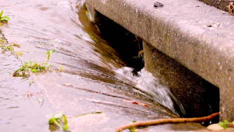 El-Agua-De-Lluvia-Corre-Por-El-Canalón-De-Hormigón-Hacia-El-Drenaje-De-La-Carretera,-Concepto-De-Calentamiento-Global