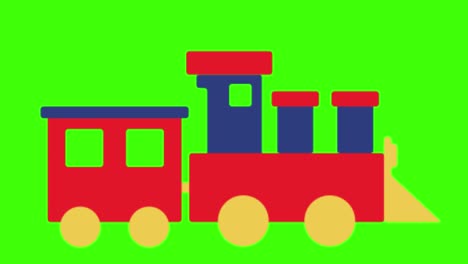 2d animated illustration of a colorful toy train on a green screen