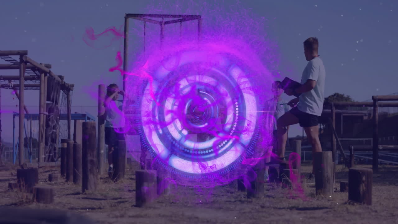 Exercising outdoors, people surrounded by glowing purple circular animation overlay