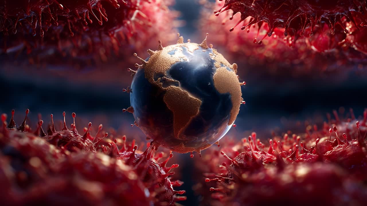 A captivating visual representation of our planet surrounded by microscopic organisms, highlighting the intricate relationship between humanity and the unseen world of viruses and bacteria