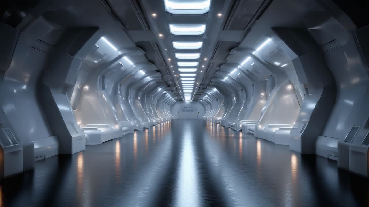 Un corridoio moderno ed elegante immerso in luci soffuse: una passerella futuristica progettata per il trasporto avanzato e l'esplorazione spaziale