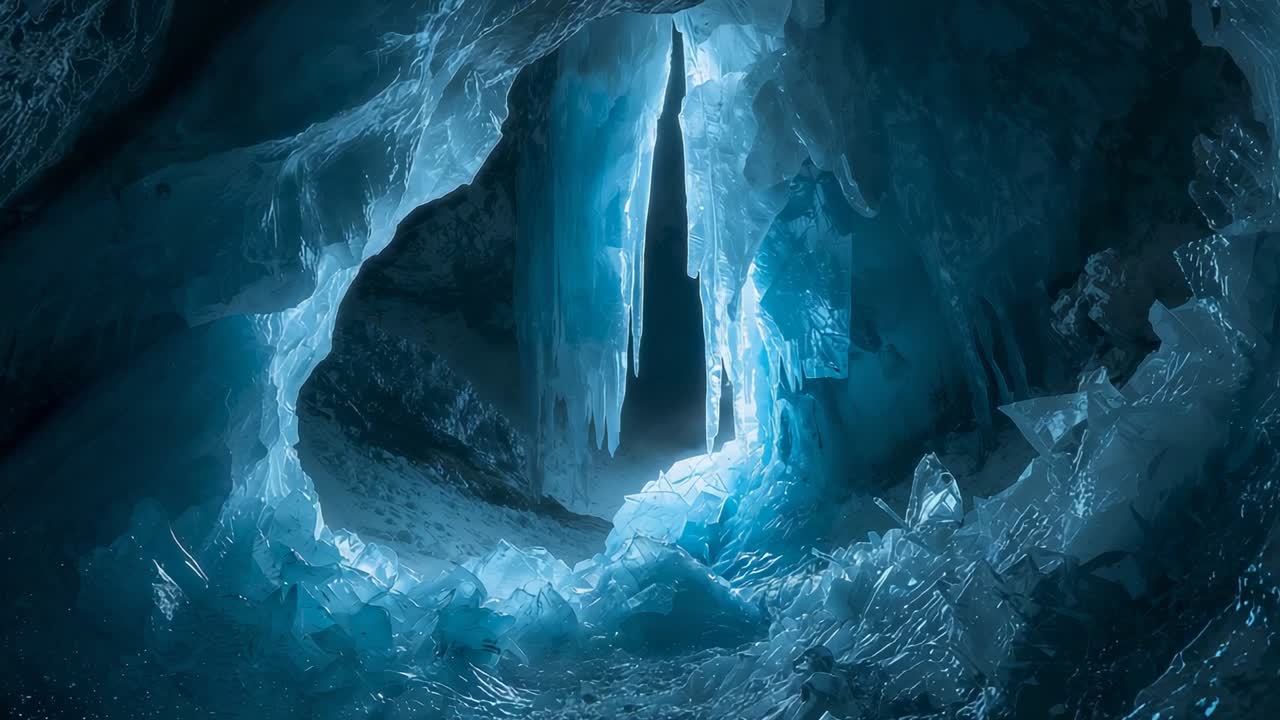 Seeping light creating shimmering glow across glacial ice cave, with crystal stalactites and shards