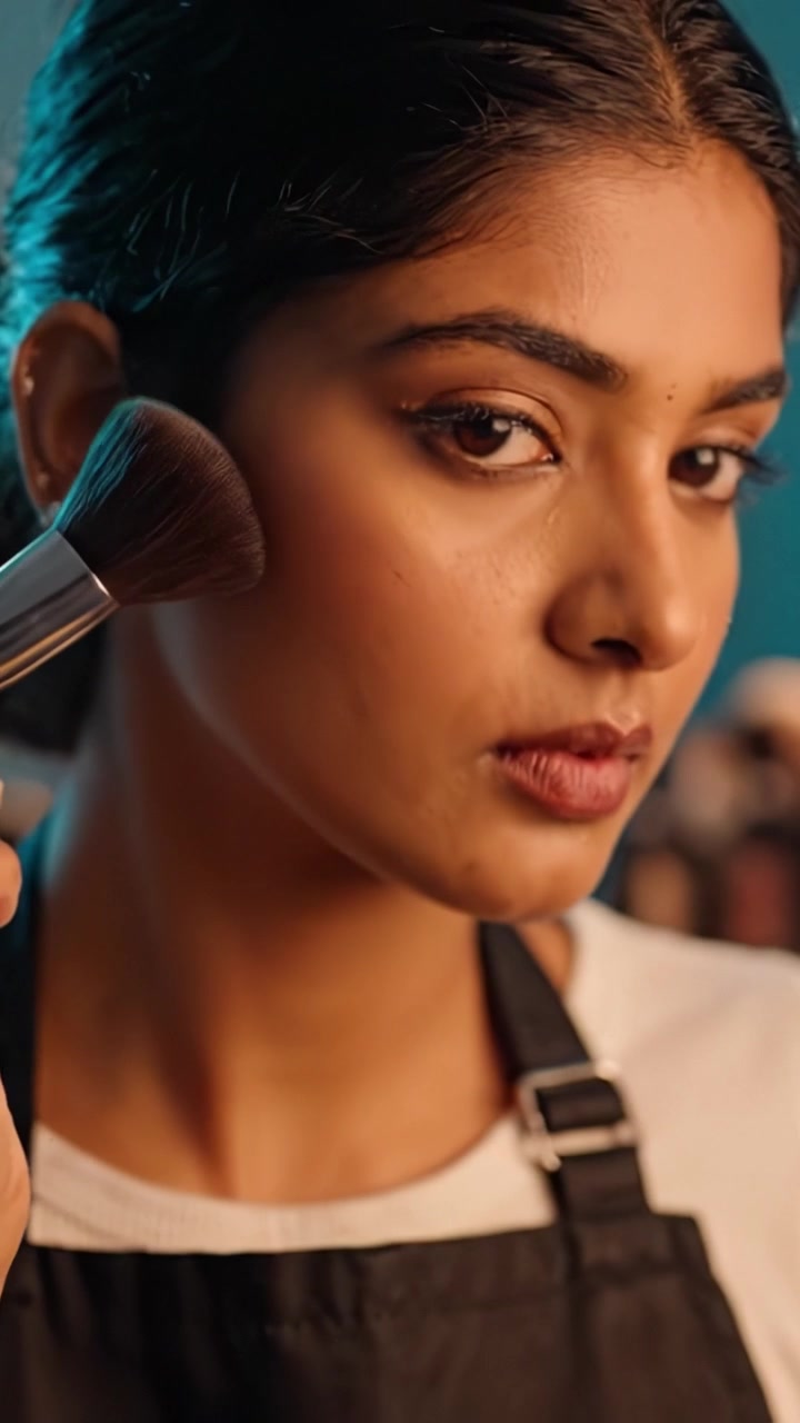A captivating beauty artist skillfully applying makeup with a brush, showcasing precision and artistry in a focused moment of creativity and self-expression.