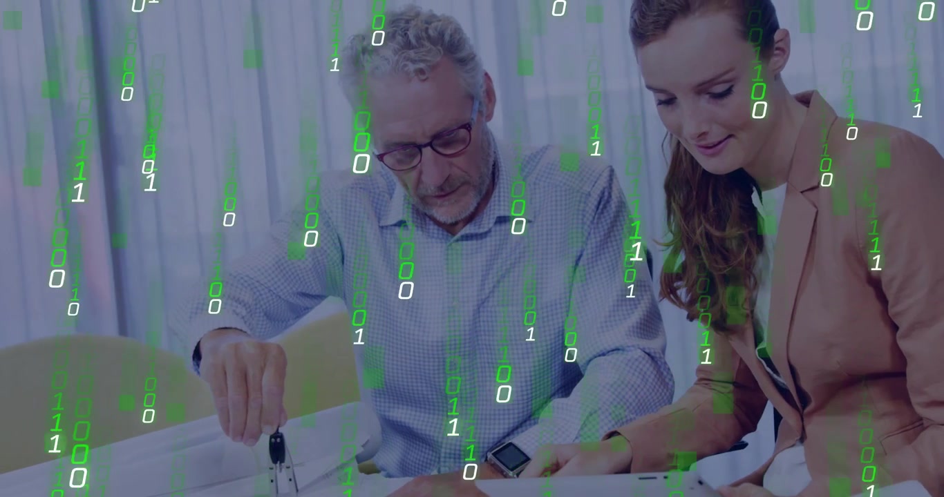 Man placing compass and woman tapping tablet over tech plan summoning green code rain