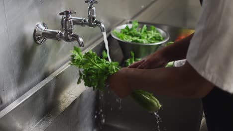 Close-up-of-african-american-female-chef-washing-vegetables-in-restaurant-kitchen
