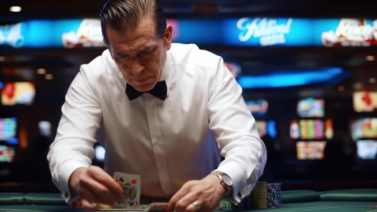 A Skilled Gambler Focuses on Strategy at the Casino Table, Mastering His Moves with Precision as the Bright Lights Highlight His Intense Concentration and Surroundings