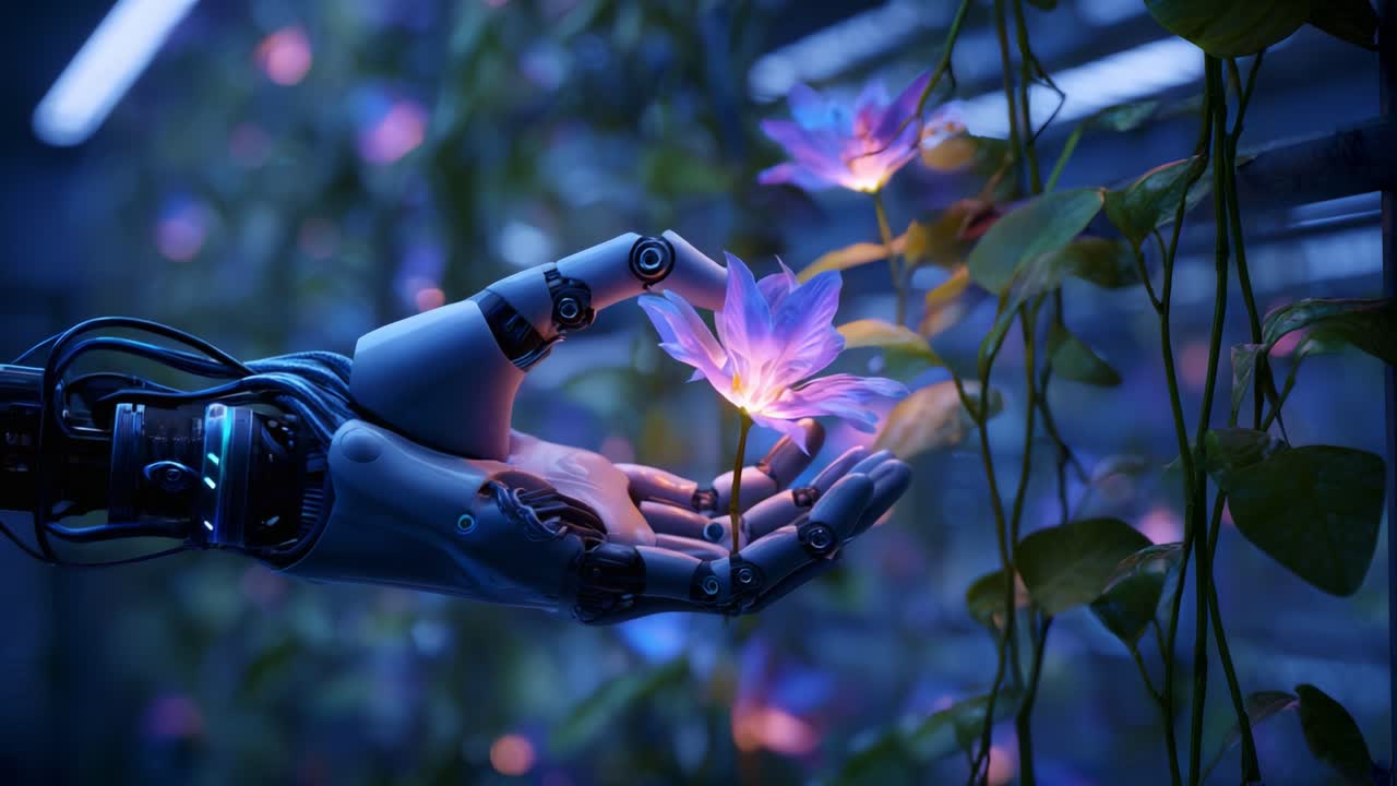 A captivating exploration of the harmony between technology and nature, showcasing a robotic hand gently cradling a glowing flower amidst a vibrant, futuristic garden environment