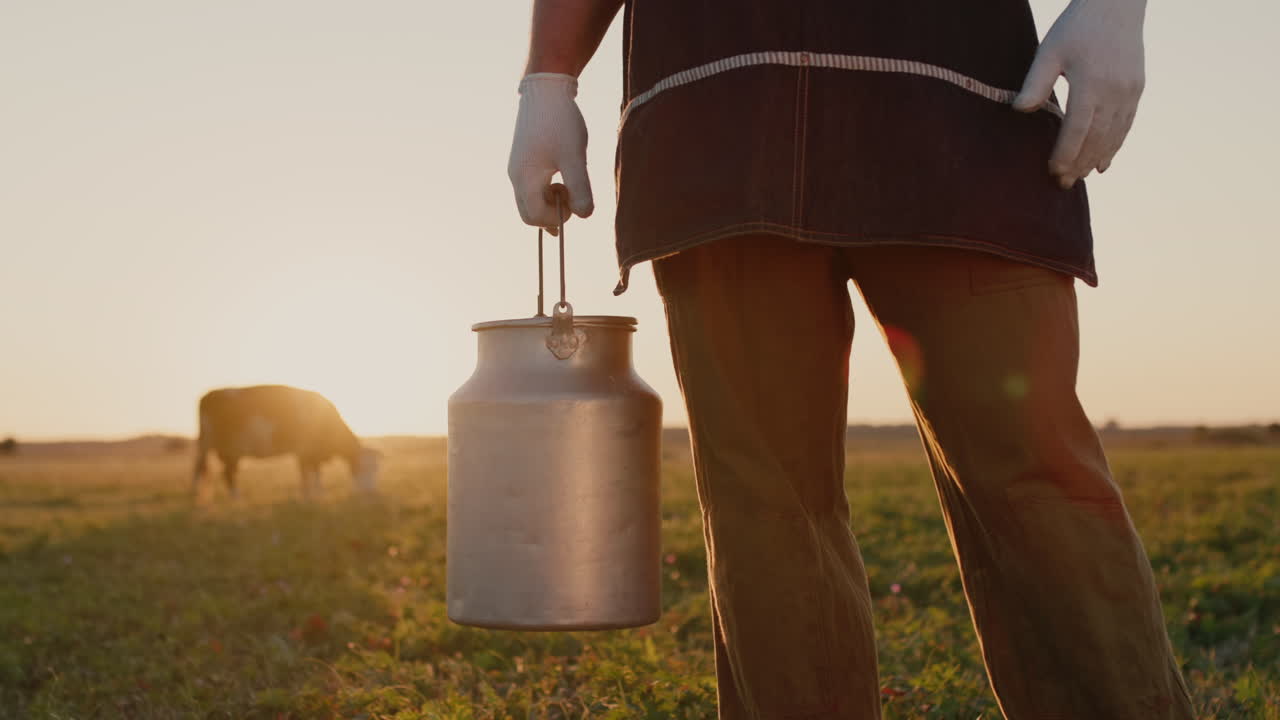우유통을 든 농부가 소가 풀을 뜯는 초원에 서 있다