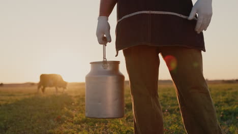 a farmer with a milk can stands in a meadow where a cow grazes