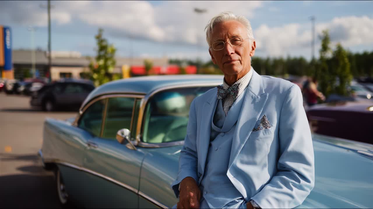 A Dapper Gentleman in a Light Blue Suit Poses Elegantly Beside a Classic Car, Showcasing Timeless Fashion and Charisma in a Vibrant Outdoor Setting Filled with Modern Vehicles