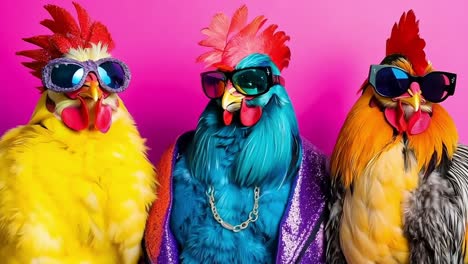 tres pollos coloridos con gafas de sol en un fondo rosa