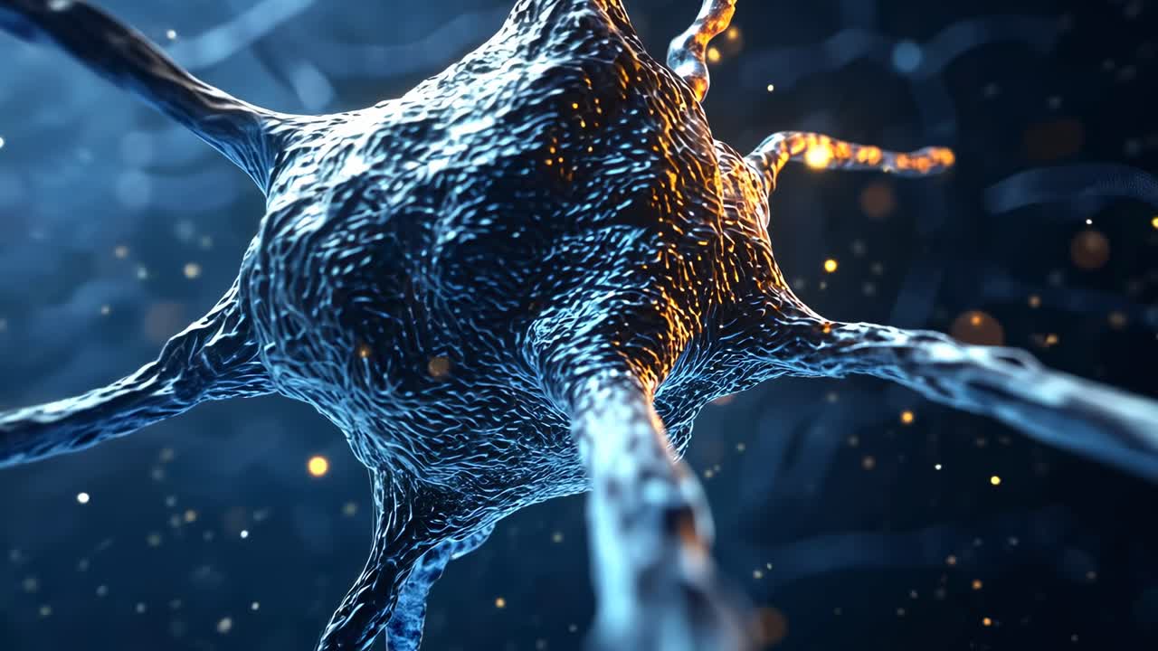 Close-up video of a neuron in a 3D digital style, with a dynamic angle highlighting intricate