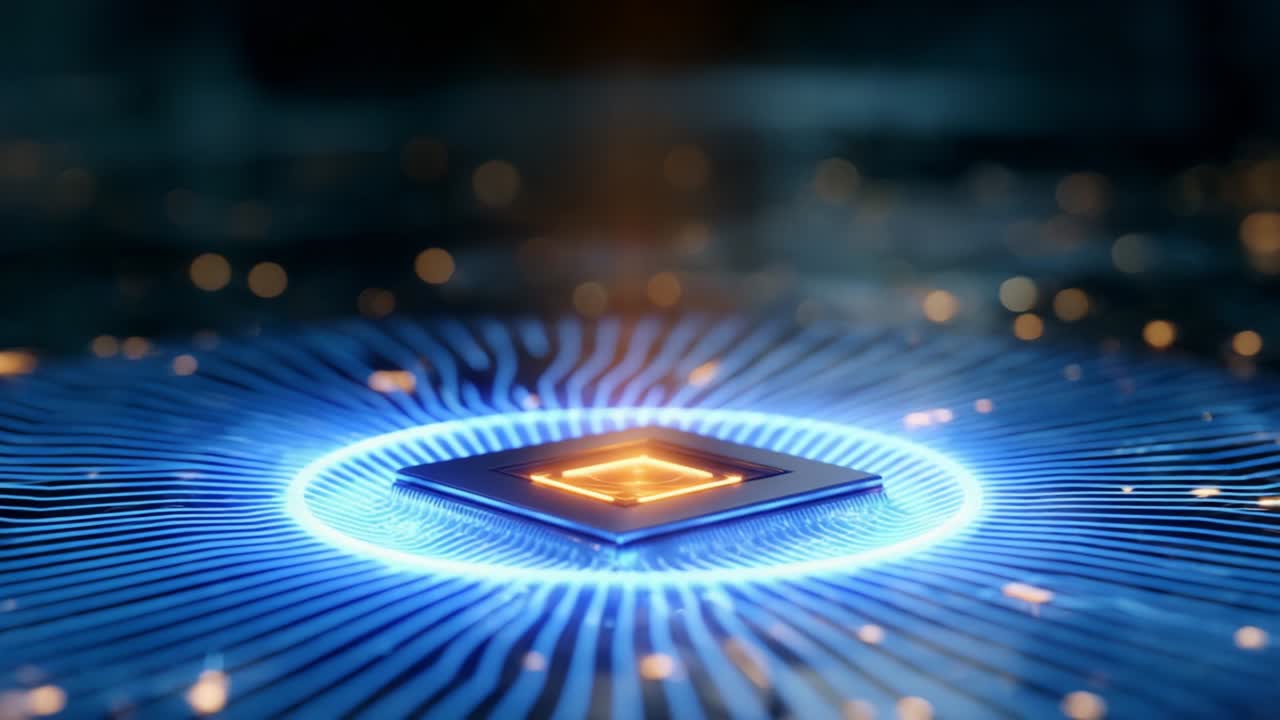 A stunning visual representation of a glowing microchip surrounded by luminescent circuitry, captivating the essence of advanced technology and innovation in a futuristic digital landscape