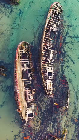 aerial view of two sunken shipwrecks