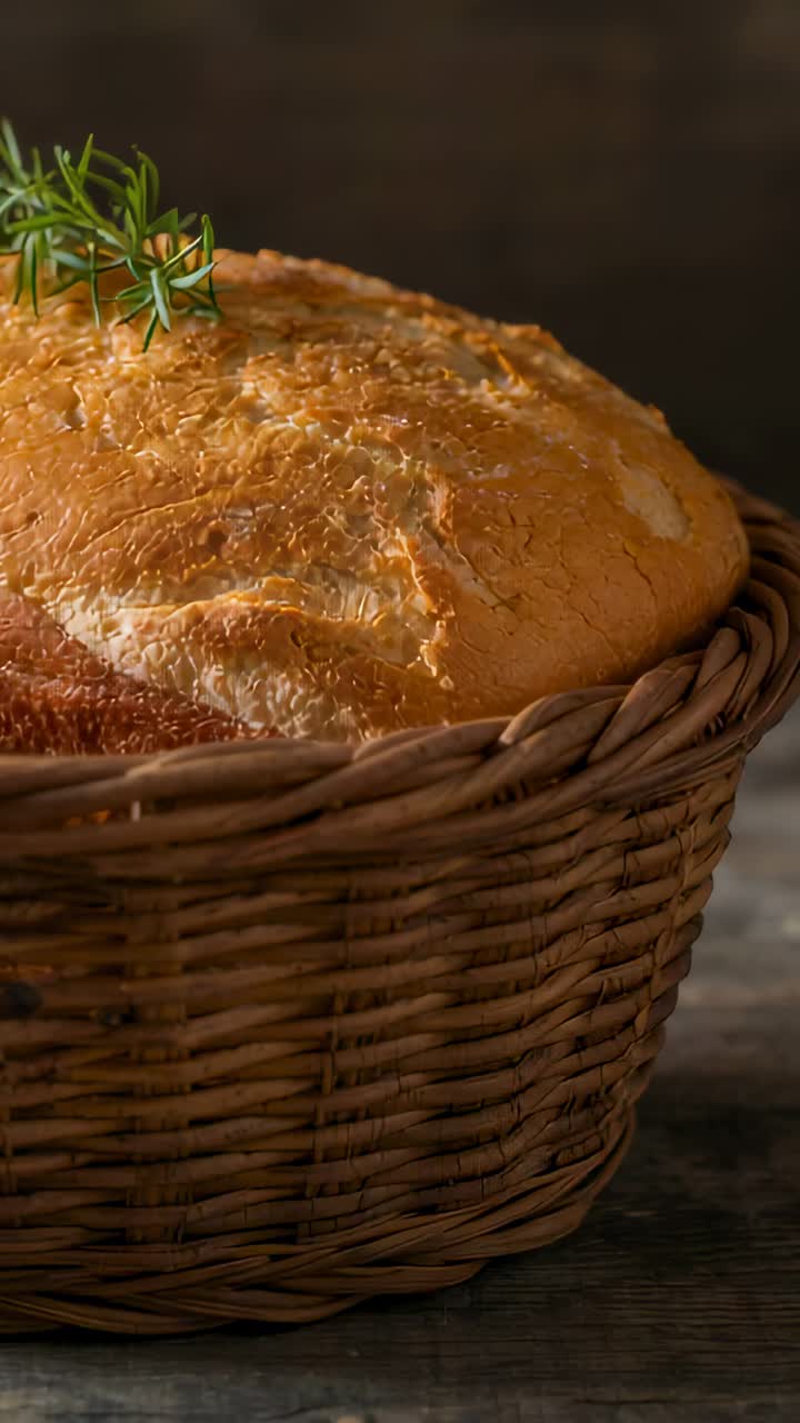 Vertical video: Camera panning, revealing loaf in basket on wood table to show crust and rosemary