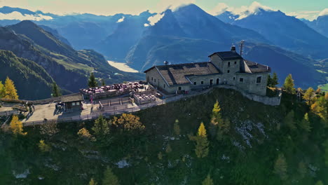 Aerial-view-of-Eagle's-Nest-at-the-top-of-mountain,-Germany