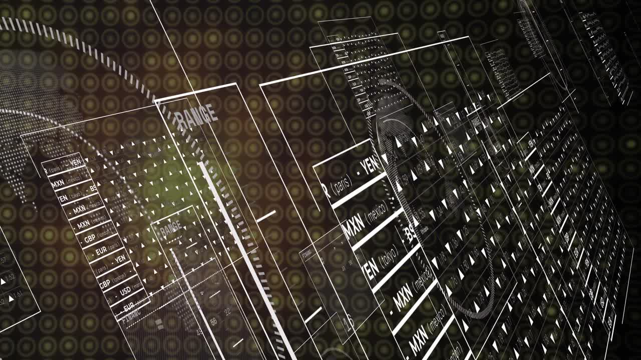 Angled panels starting sliding, glass panels and circular gauge rotating, visualizing forex data