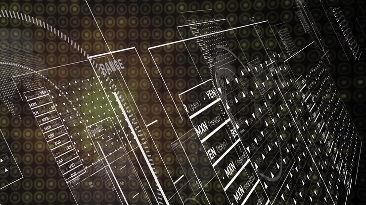 Angled panels starting sliding, glass panels and circular gauge rotating, visualizing forex data