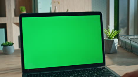 director watching greenscreen laptop office close up. unrecognizable freelancer