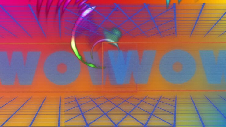 Animazione di spazio dai colori vivaci con cerchi in movimento e la scritta 'wow'.