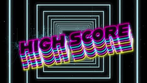 Neon-high-score-text-with-shadow-effect-against-neon-squares-in-seamless-motion-on-black-background