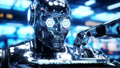 a futuristic encounter with a highly advanced robot featuring glowing eyes and intricate mechanisms, showcasing the future of artificial intelligence and robotics