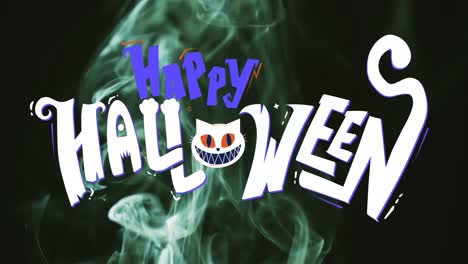 animation of happy halloween text over green smoke on black background